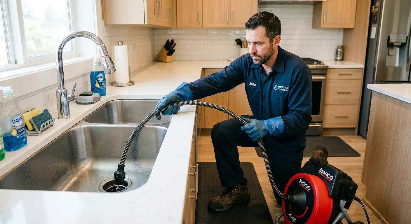 Drain cleaning technician using a motorized snake on a kitchen sink in Brunswick