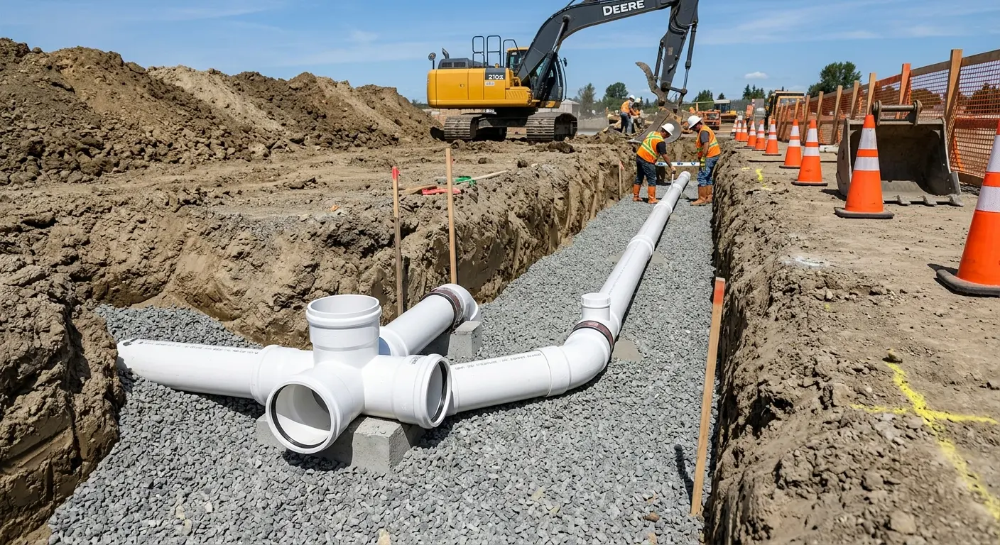 New PVC sewer pipe installation in open trench for Grease Trap Cleaning in Brunswick