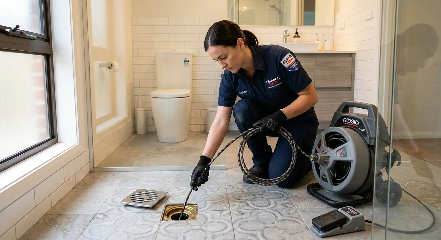 Technician clearing a bathroom floor drain for Drain Repair in Brunswick